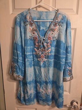 Embroidered Blue Tie-Dye V-Neck Women’s Tunic
